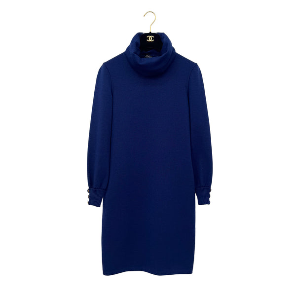 CHANEL VINTAGE KNIT LONG SLEEVE DRESS COCO BUTTON BLUE WOOL 36 RTW 90290320