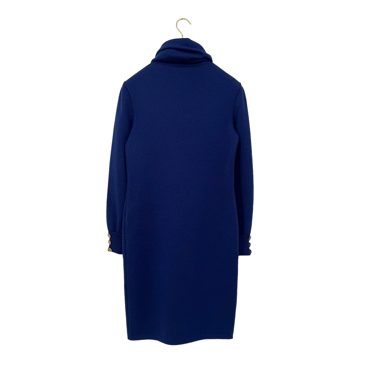 CHANEL VINTAGE KNIT LONG SLEEVE DRESS COCO BUTTON BLUE WOOL 36 RTW 90290320