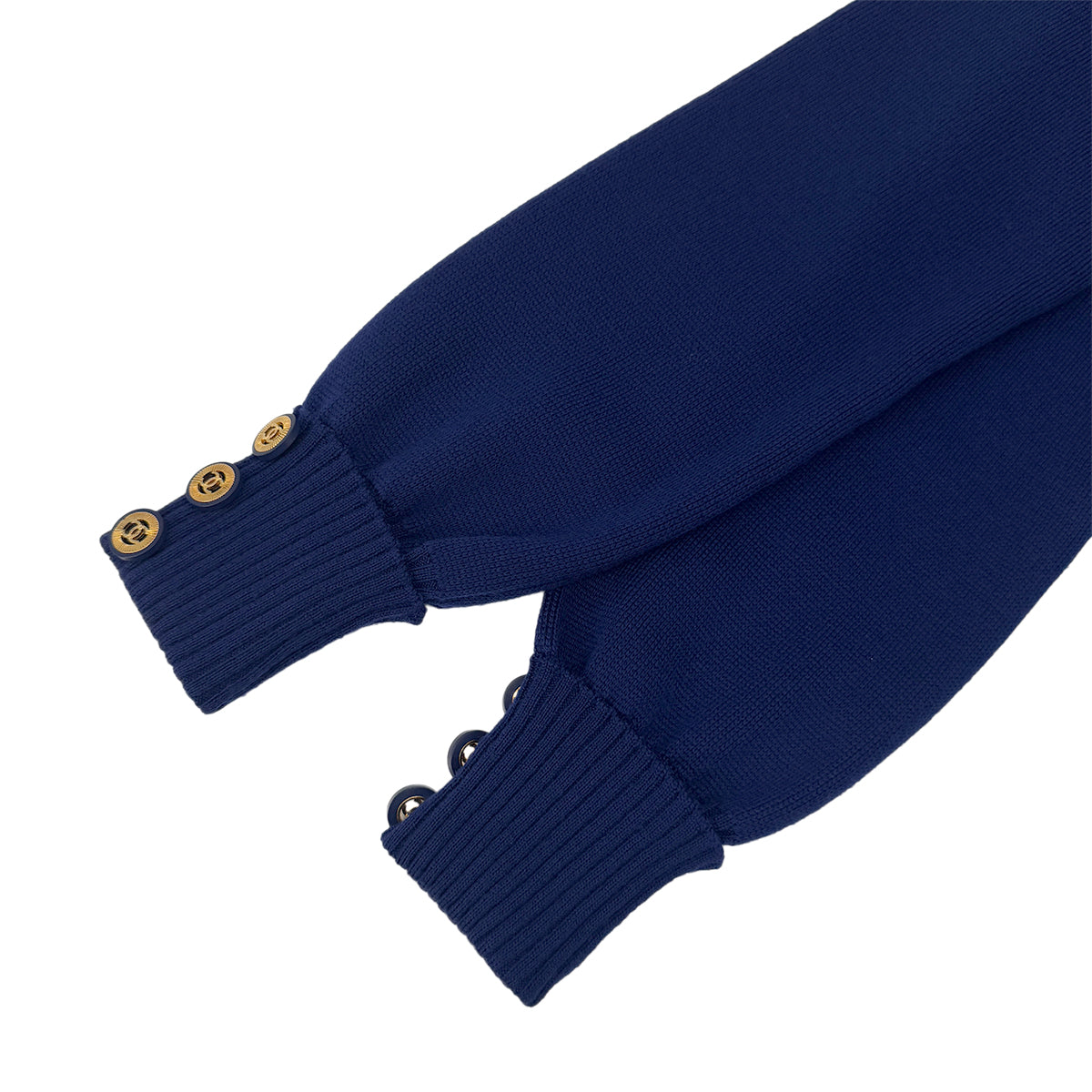 CHANEL VINTAGE KNIT LONG SLEEVE DRESS COCO BUTTON BLUE WOOL 36 RTW 90290320