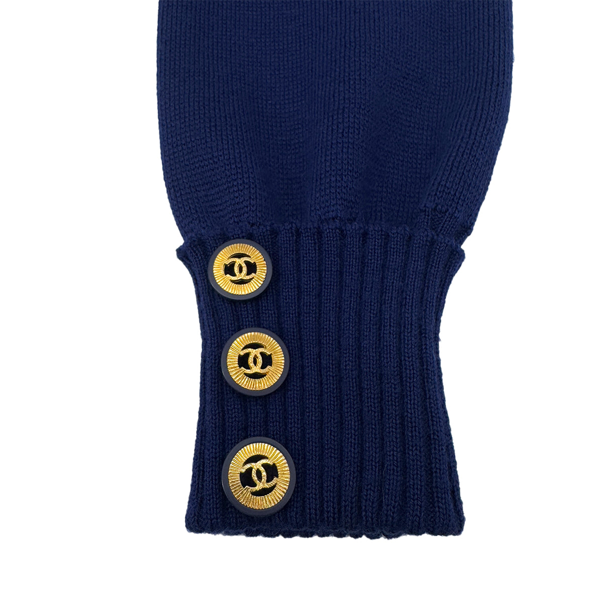 CHANEL VINTAGE KNIT LONG SLEEVE DRESS COCO BUTTON BLUE WOOL 36 RTW 90290320