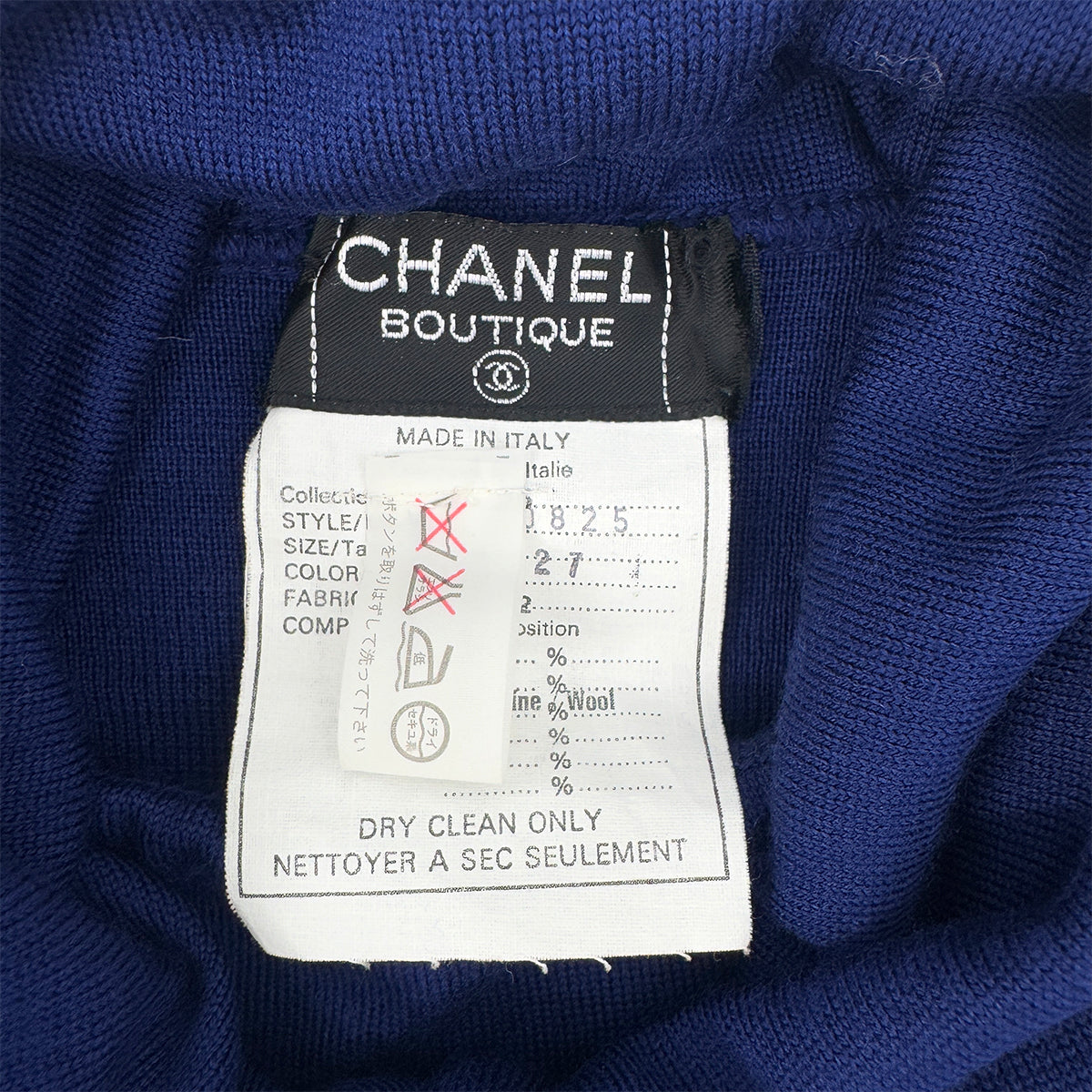 CHANEL VINTAGE KNIT LONG SLEEVE DRESS COCO BUTTON BLUE WOOL 36 RTW 90290320