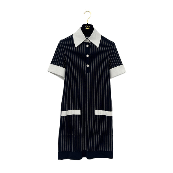 CHANEL STRIPE SHORT SLEEVE DRESS BLACK WHIYE COTTON 34 P51 RTW 90290323