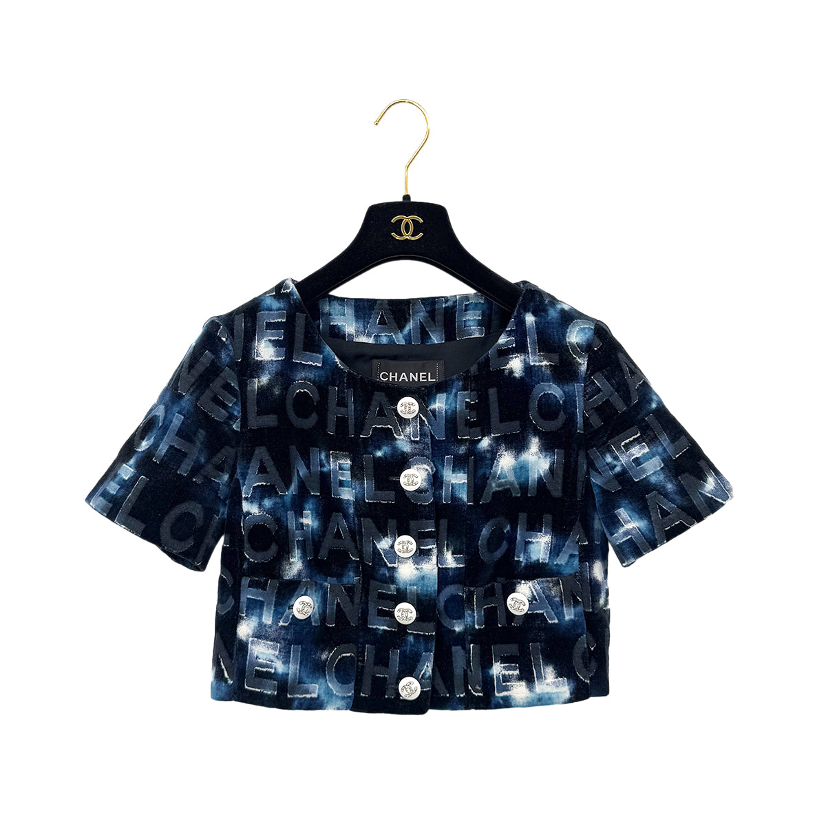 CHANEL COCO BUTTON NO -COLLAR LOGO JACKET BLUE COTTON 36 P70 RTW 90290324