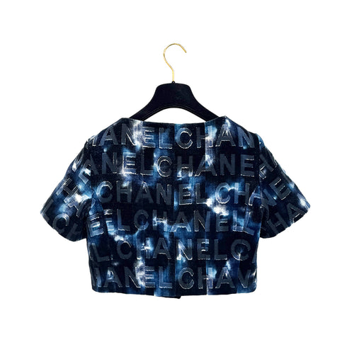 CHANEL COCO BUTTON NO -COLLAR LOGO JACKET BLUE COTTON 36 P70 RTW 90290324
