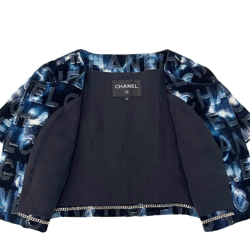 CHANEL COCO BUTTON NO -COLLAR LOGO JACKET BLUE COTTON 36 P70 RTW 90290324