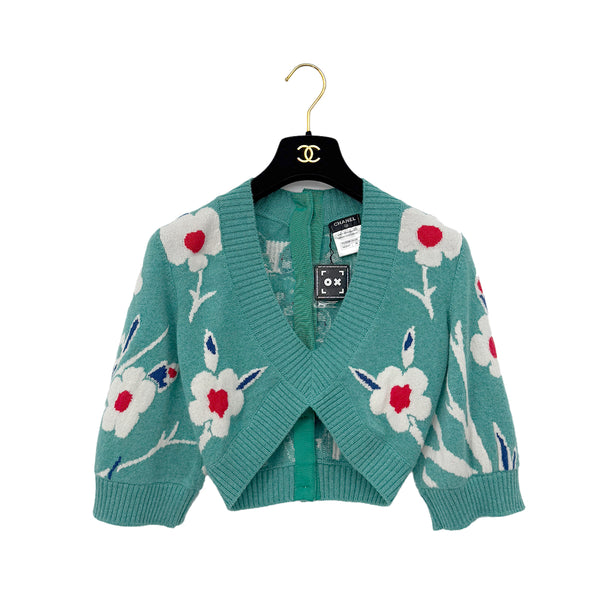 CHANEL GRPOIX BUTTON FLOWER MOTIF CARDIGAN TURQUOISE CASHMERE 38 P50 RTW 90290325