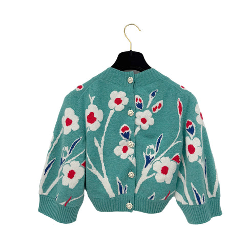 CHANEL GRPOIX BUTTON FLOWER MOTIF CARDIGAN TURQUOISE CASHMERE 38 P50 RTW 90290325