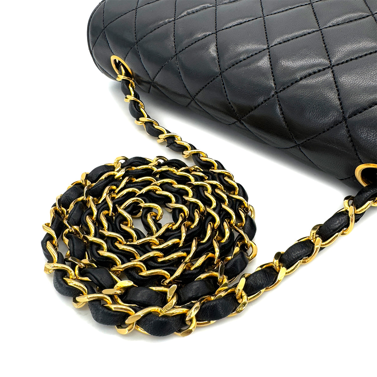 CHANEL VINTAGE MATELASSE HALF MOON CHAIN SHOULDER BAG BLACK LAMB SKIN 90290326