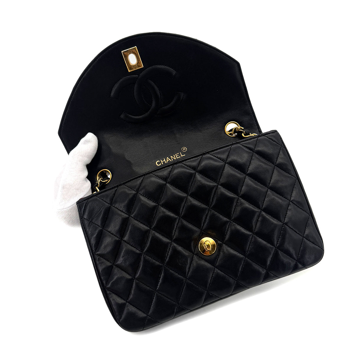 CHANEL VINTAGE MATELASSE HALF MOON CHAIN SHOULDER BAG BLACK LAMB SKIN 90290326