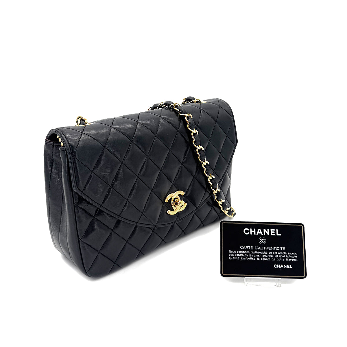 CHANEL VINTAGE MATELASSE HALF MOON CHAIN SHOULDER BAG BLACK LAMB SKIN 90290326