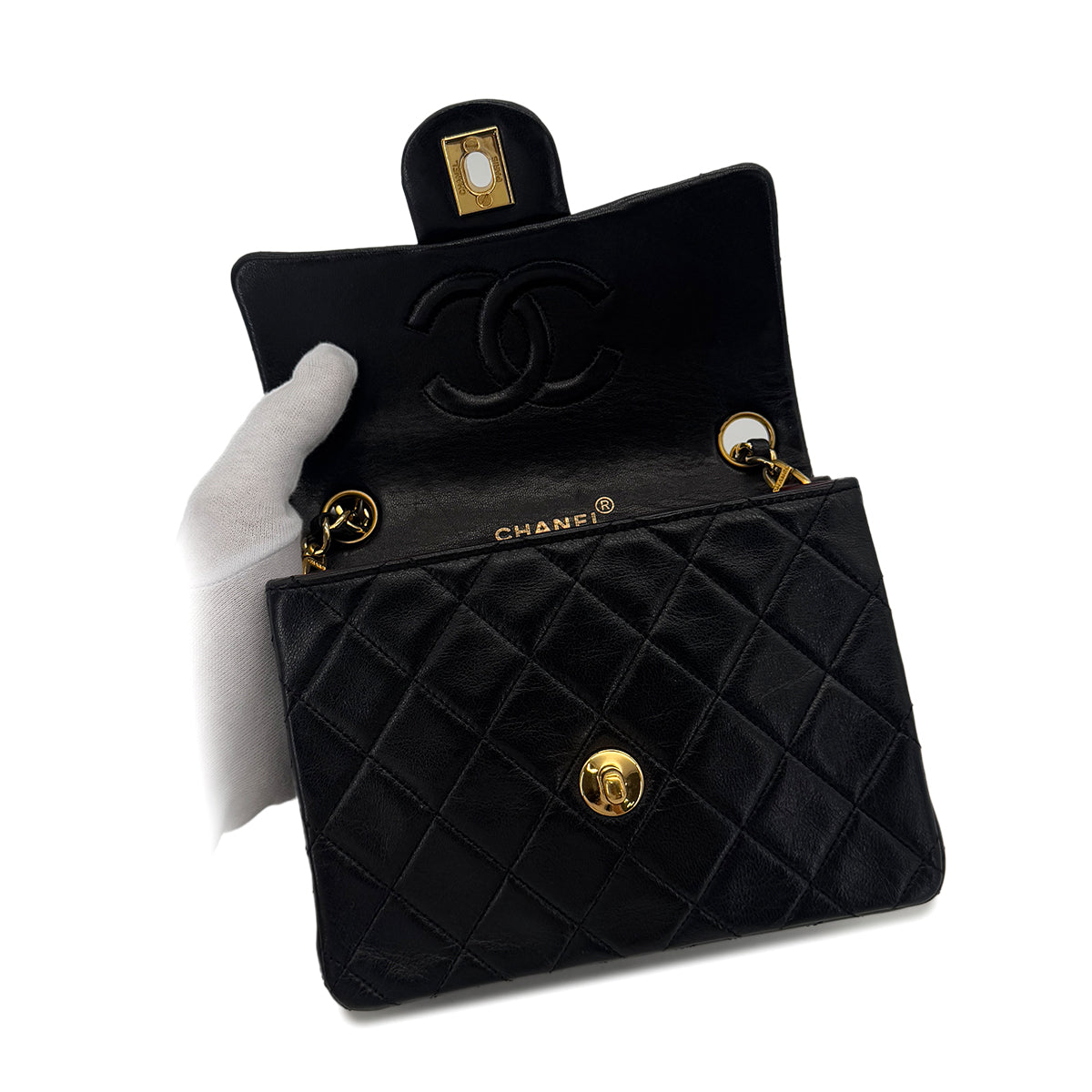 CHANEL VINTAGE MINI SQUARE 17 CHAIN SHOULDER BAG BLACK LAMB SKIN 90290331
