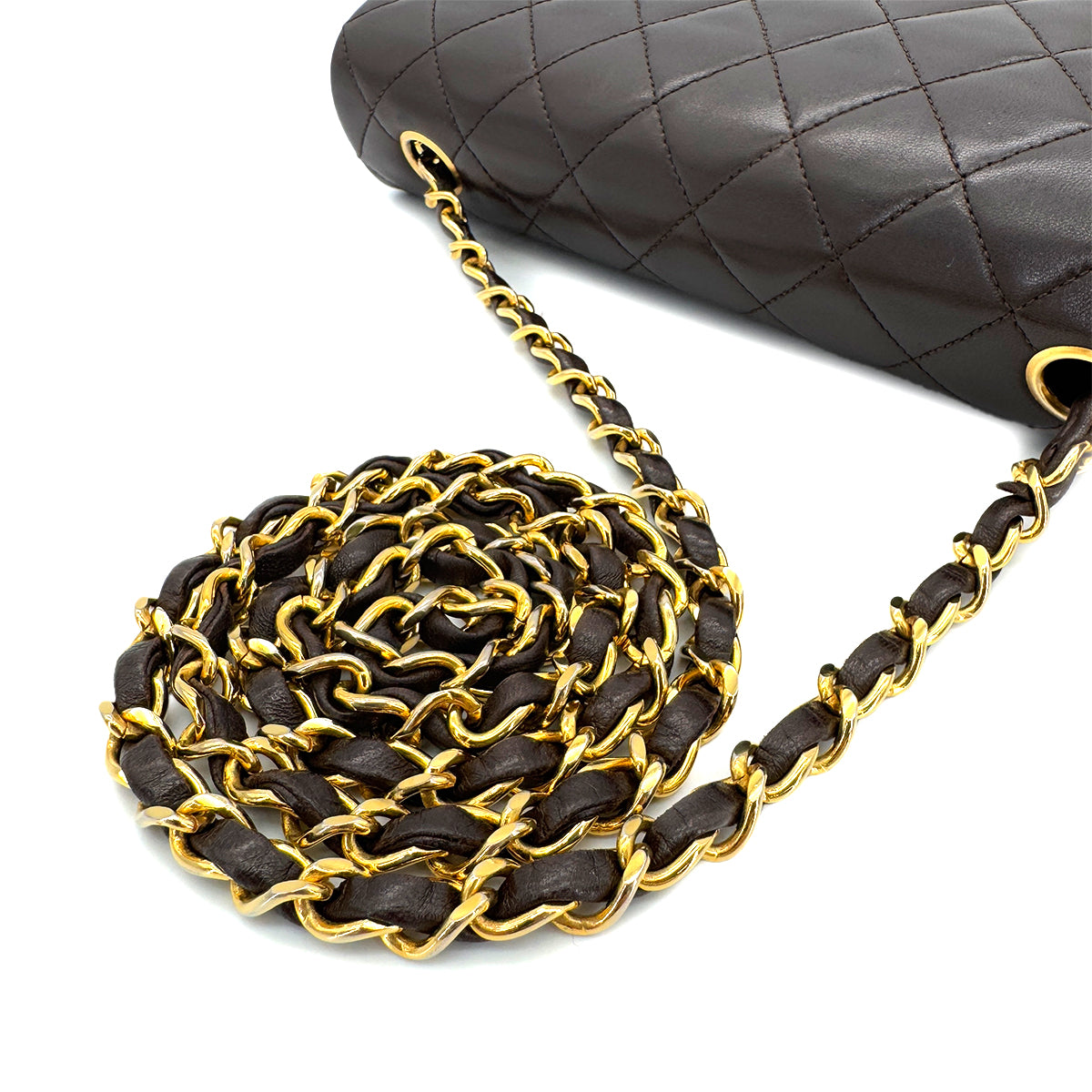 CHANEL VINTAGE FULL FLAP CHAIN SHOULDER BAG BROWN LAMB SKIN 90290344