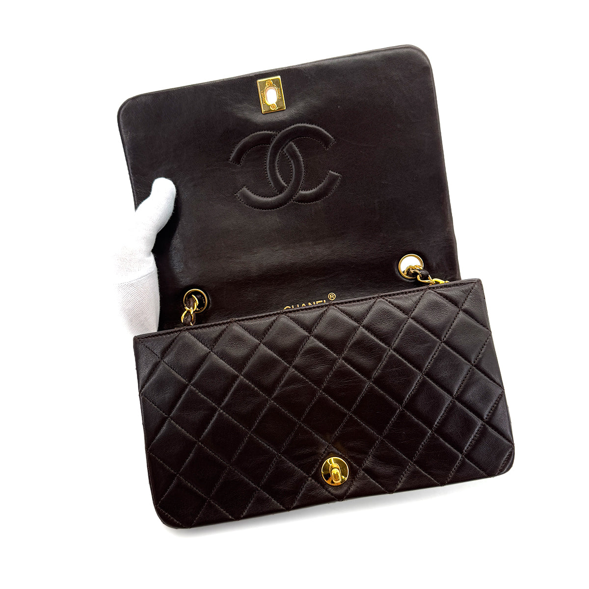 CHANEL VINTAGE FULL FLAP CHAIN SHOULDER BAG BROWN LAMB SKIN 90290344