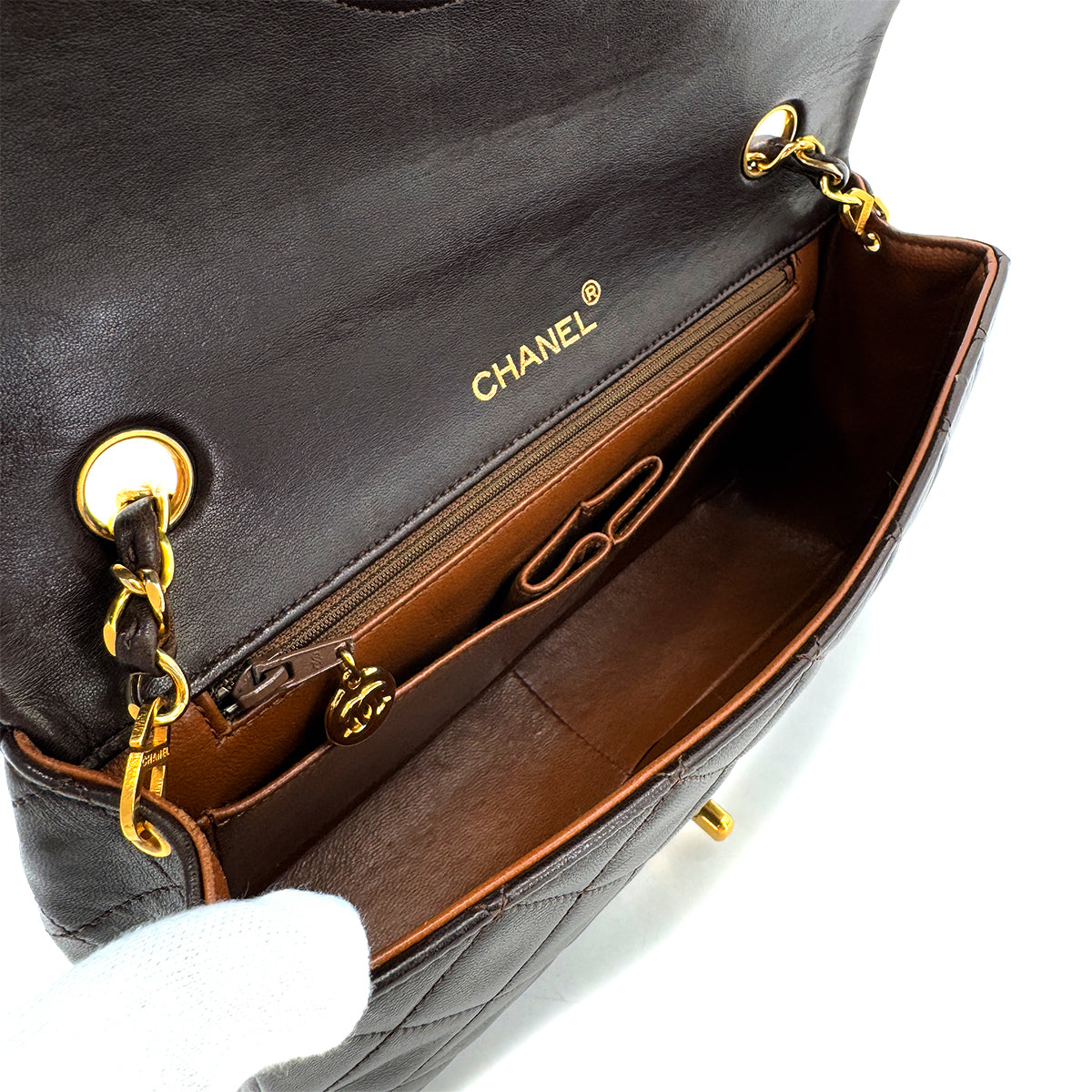 CHANEL VINTAGE FULL FLAP CHAIN SHOULDER BAG BROWN LAMB SKIN 90290344