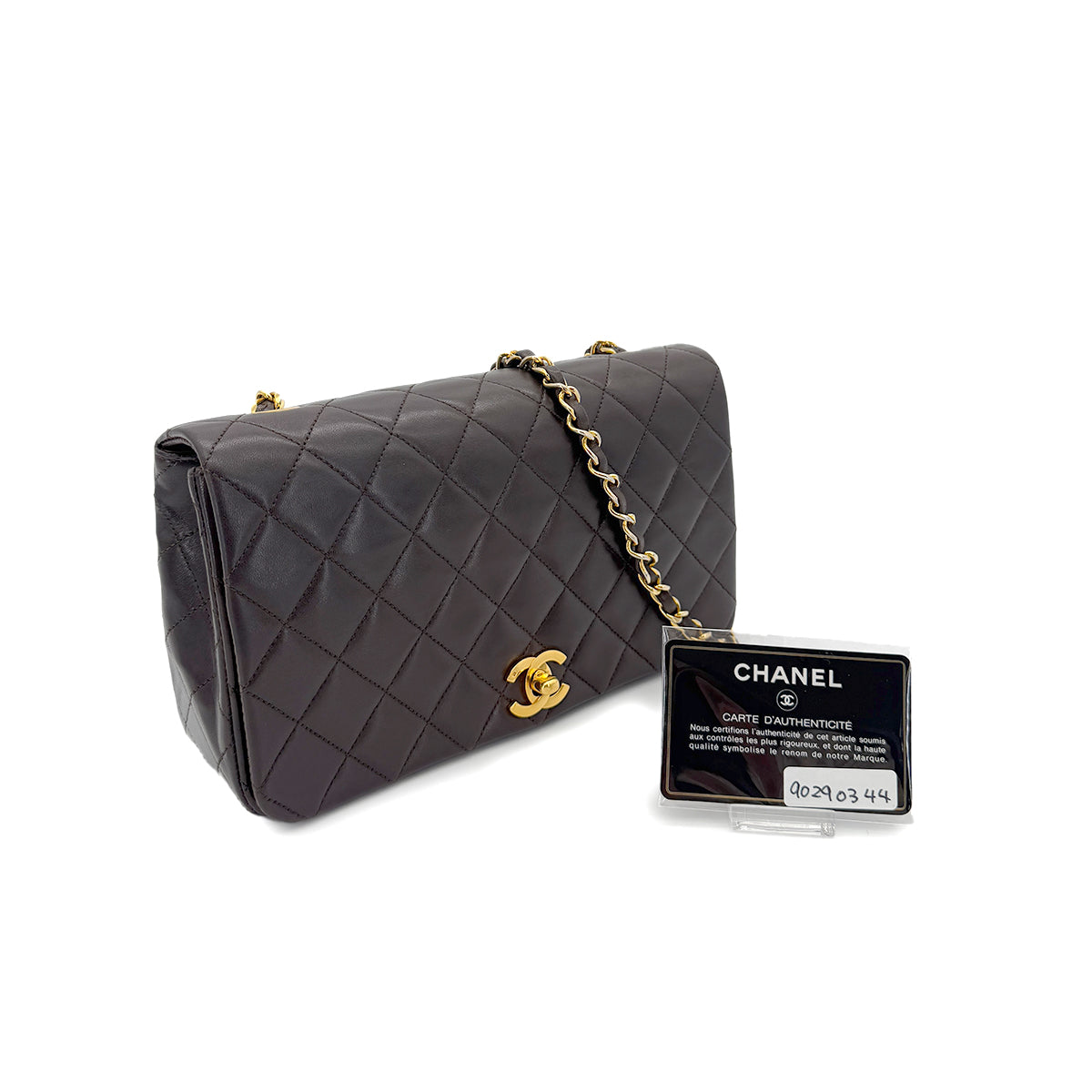 CHANEL VINTAGE FULL FLAP CHAIN SHOULDER BAG BROWN LAMB SKIN 90290344