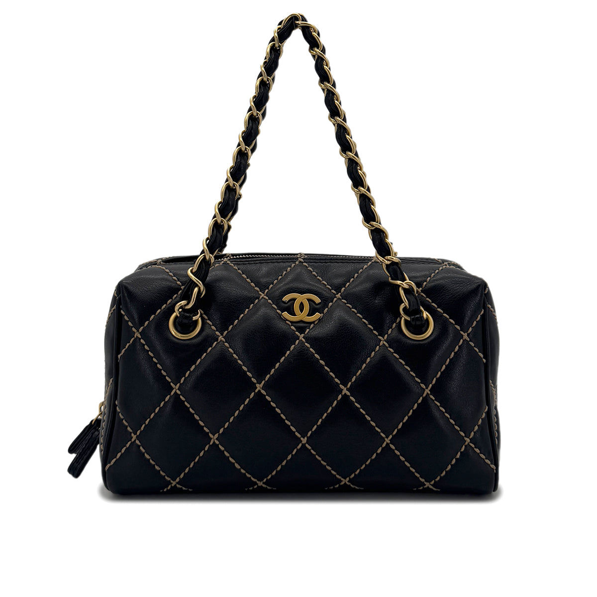 CHANEL VINTAGE WILD STITCH CHAIN SHOULDER BAG BLACK LEATHER 90290345