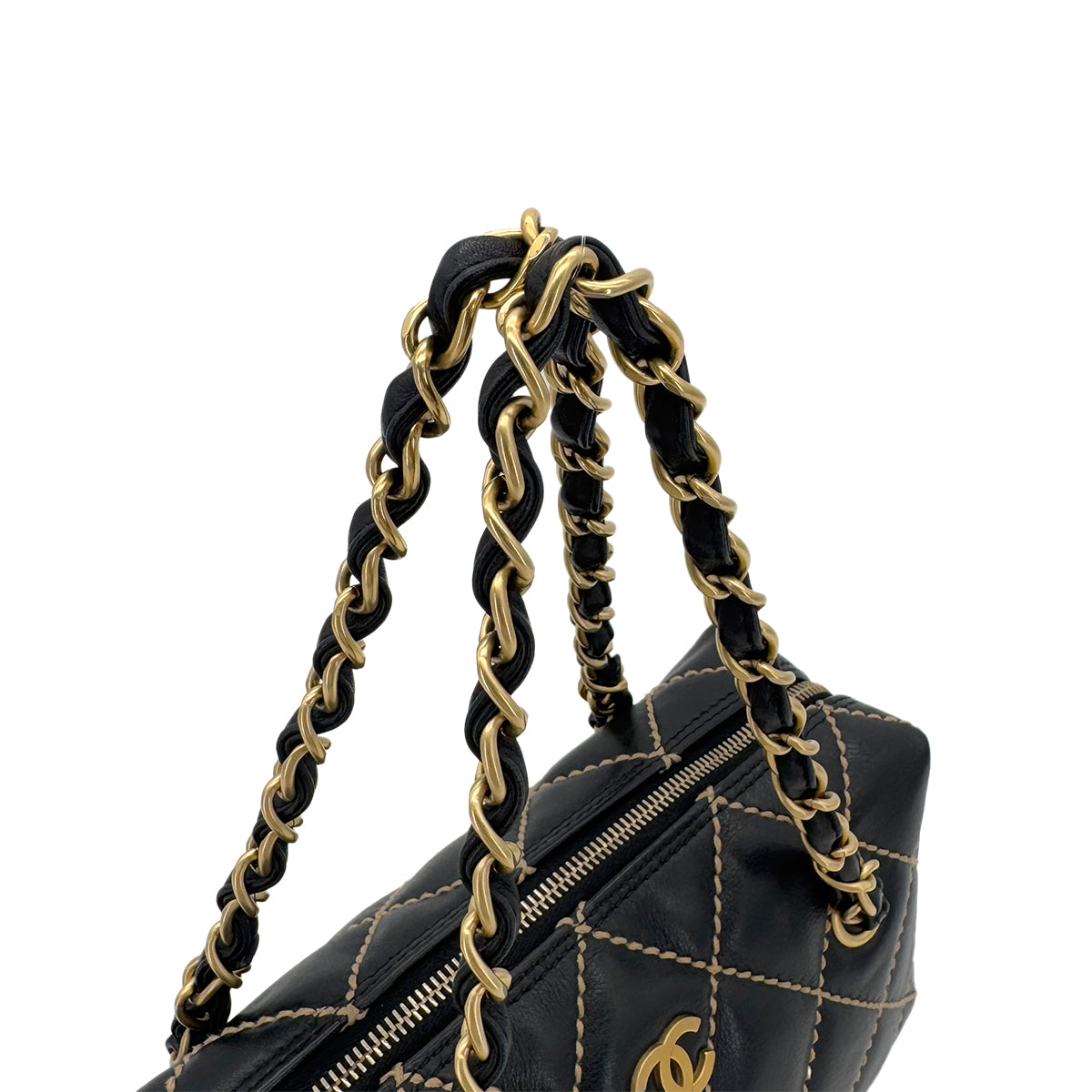 CHANEL VINTAGE WILD STITCH CHAIN SHOULDER BAG BLACK LEATHER 90290345