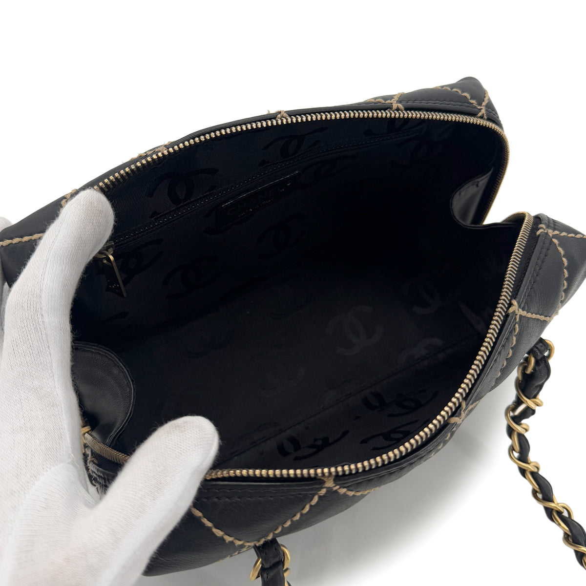 CHANEL VINTAGE WILD STITCH CHAIN SHOULDER BAG BLACK LEATHER 90290345
