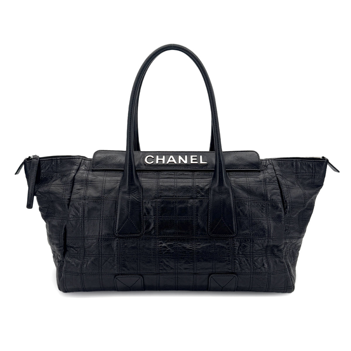 CHANEL VINTAGE CHOCOLATE BAR TOTE BAG BLACK LAMB SKIN 90290348