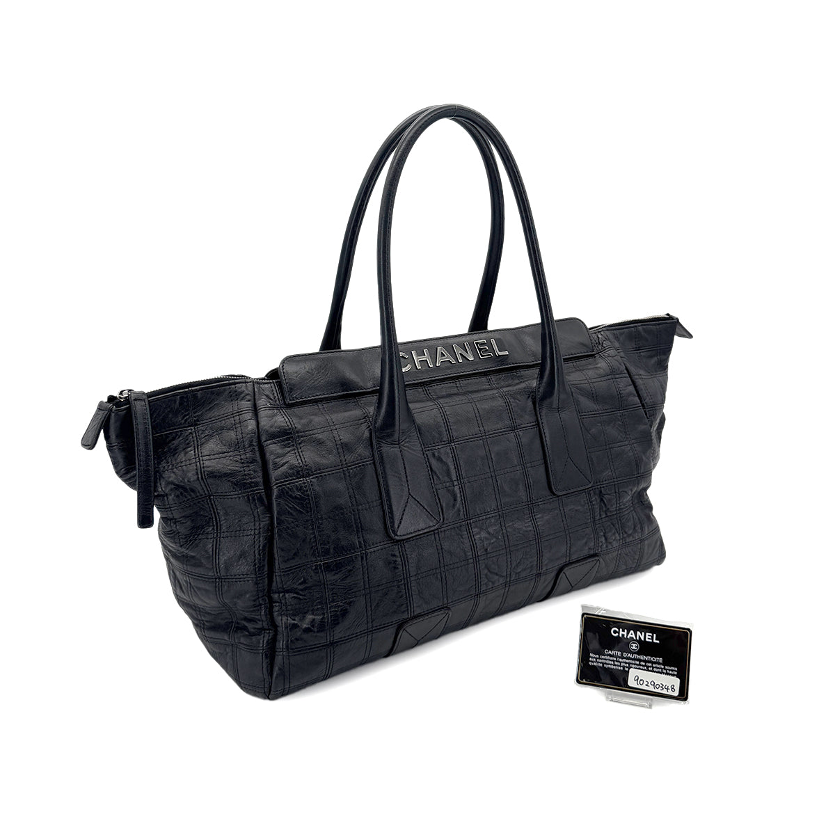 CHANEL VINTAGE CHOCOLATE BAR TOTE BAG BLACK LAMB SKIN 90290348
