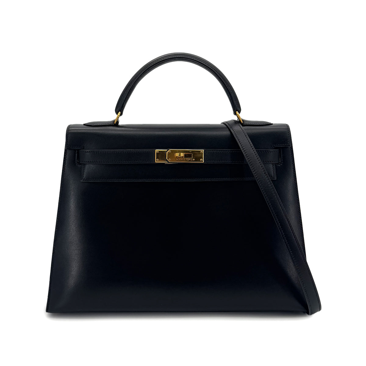 HERMES KELLY 32 SELLIER BLACK BOXCALF HAND SHOULDER BAG 〇Z GHW 90291227