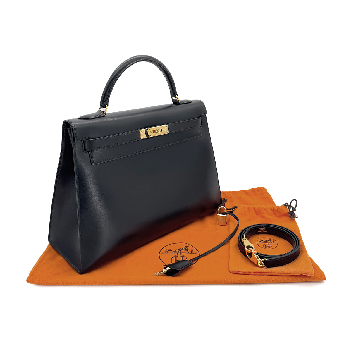 HERMES KELLY 32 SELLIER BLACK BOXCALF HAND SHOULDER BAG 〇Z GHW 90291227