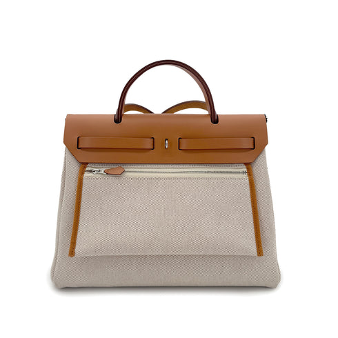 HERMES HER BAG ZIP PM 31 FAUVE ECRU TOILE H VACHE HUNTER TOTE SHOULDER BAG B 90291230 - PURPOSE