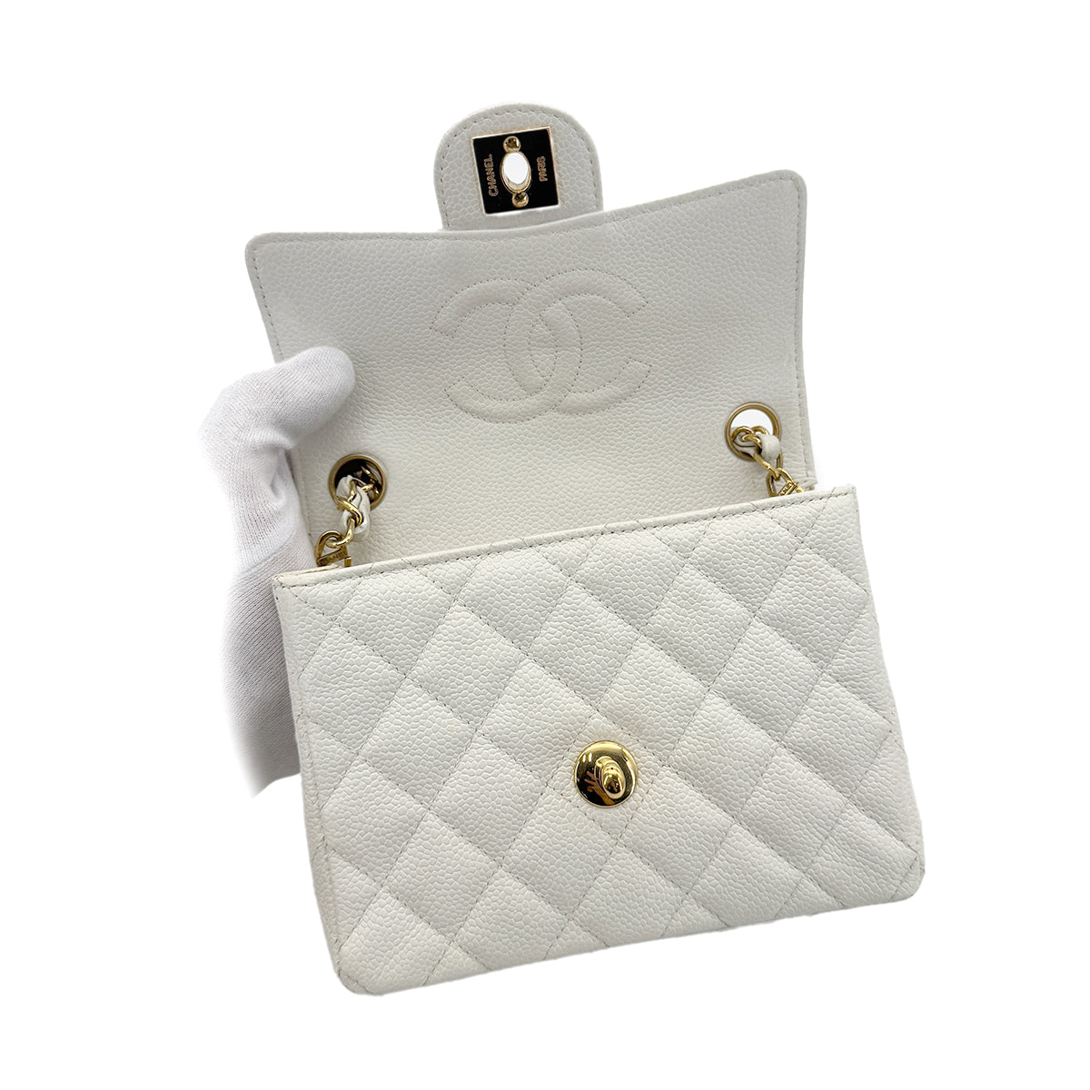 CHANEL VINTAGE MINI SQUARE 17 CHAIN SHOULDER BAG WHITE CAVIAR SKIN 90291232