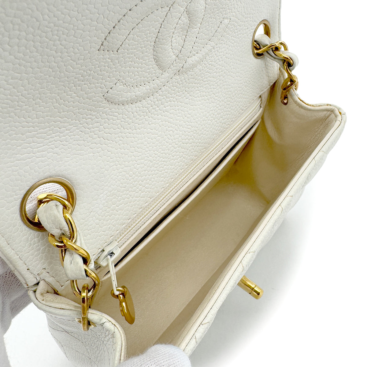 CHANEL VINTAGE MINI SQUARE 17 CHAIN SHOULDER BAG WHITE CAVIAR SKIN 90291232