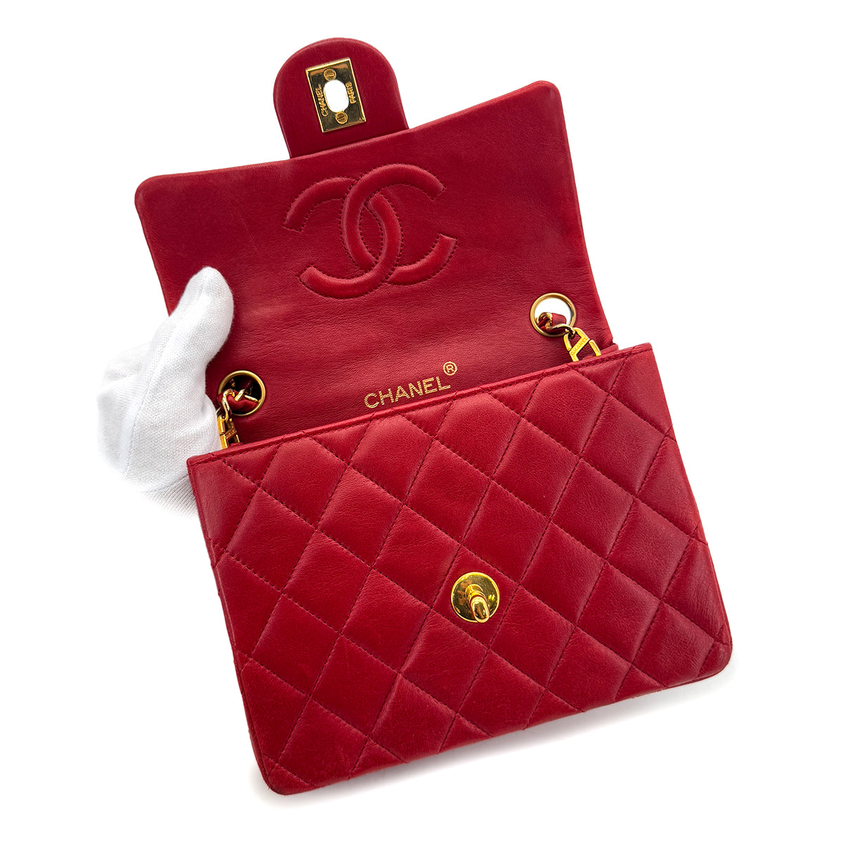 CHANEL VINTAGE MINI SQUARE 17 CHAIN SHOULDER BAG RED LAMB SKIN 90291233