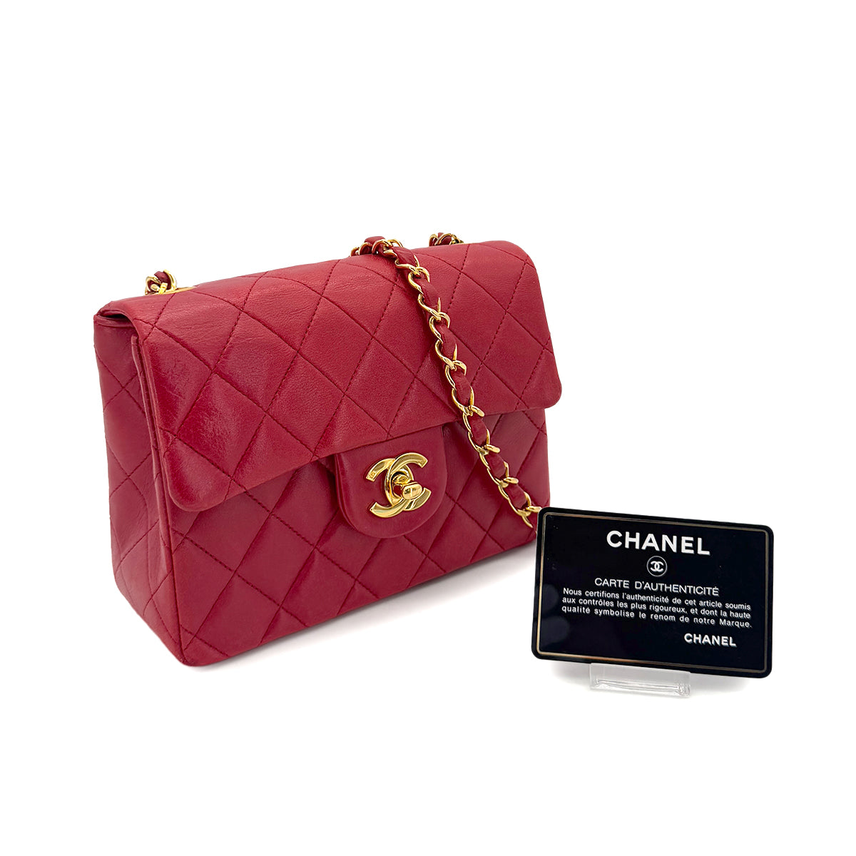 CHANEL VINTAGE MINI SQUARE 17 CHAIN SHOULDER BAG RED LAMB SKIN 90291233