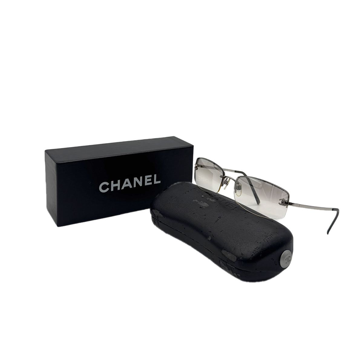 CHANEL VINTAGE SUNGLASSES COCOMARK RHINESTONE GRAY SILVER EYEWEAR 90291263