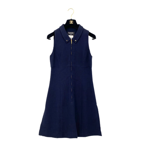 CHANEL COCO BUTTON SLEEVELESS DRESS NAVY COTTON 42 95P RTW 90291314