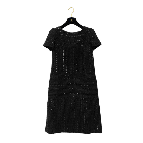 CHANEL VINTAGE SHORT SLEEVE DRESS SEQUINS BLACK NYLON 38 00C RTW 90291315