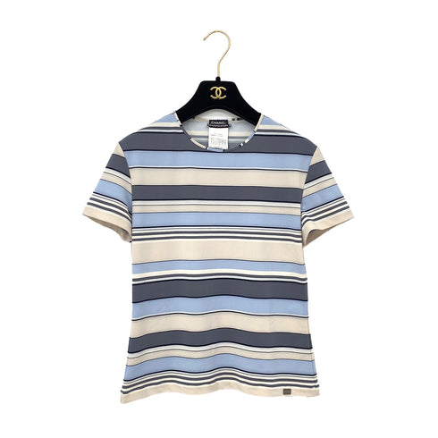 CHANEL VINTAGE MULTI COLOR STRIPE T-SHIRT LOGO PLATE BLUE GRAY NYLON 40 00C RTW 90291316 - PURPOSE