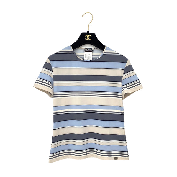 CHANEL VINTAGE MULTI COLOR STRIPE T-SHIRT LOGO PLATE BLUE GRAY NYLON 40 00C RTW 90291316
