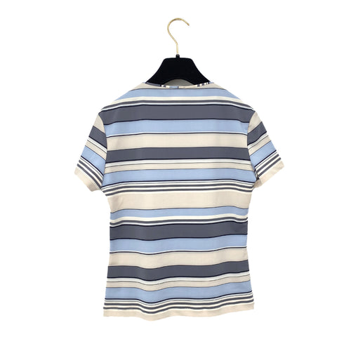CHANEL VINTAGE MULTI COLOR STRIPE T-SHIRT LOGO PLATE BLUE GRAY NYLON 40 00C RTW 90291316 - PURPOSE