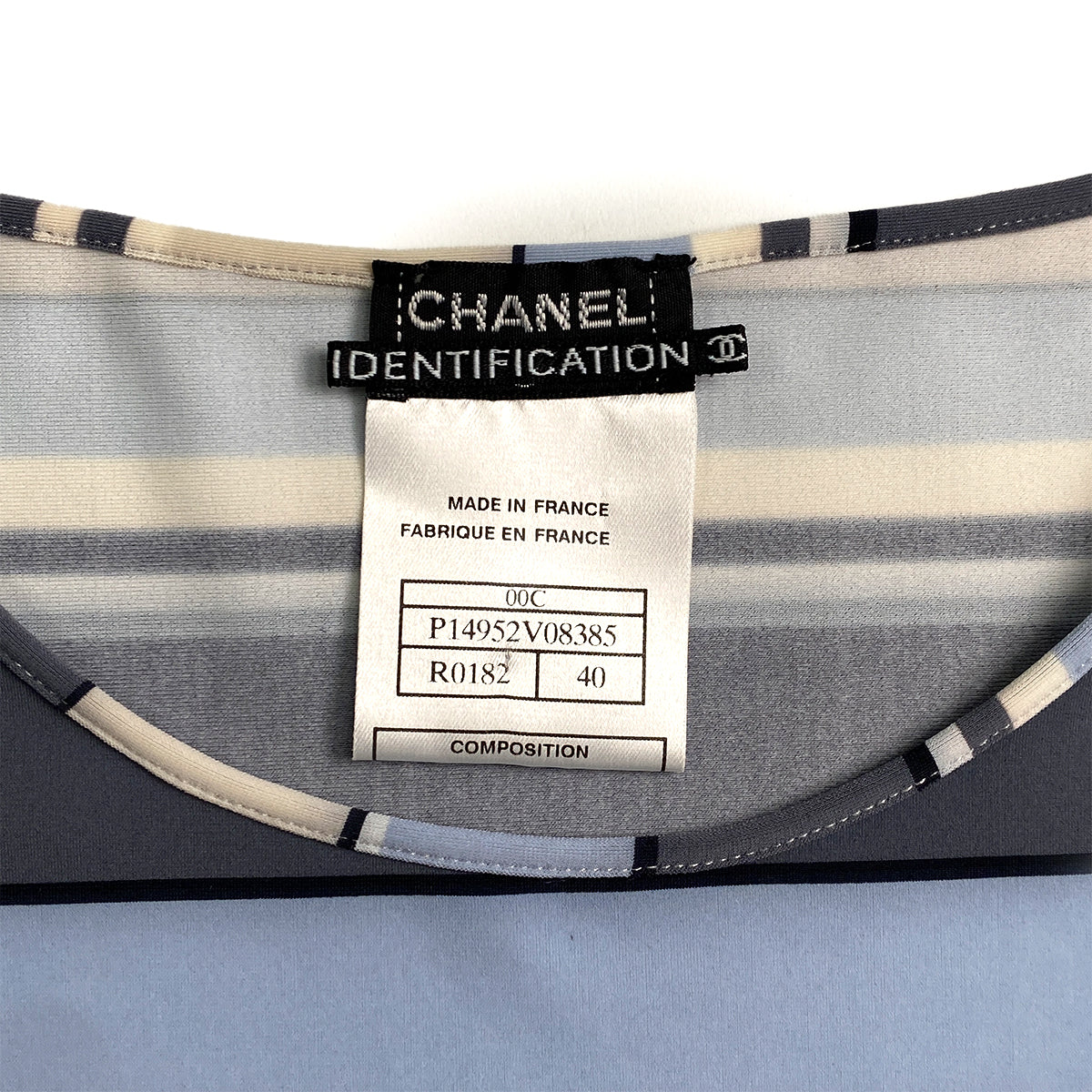 CHANEL MULTI COLOR STRIPE T-SHIRT LOGO PLATE BLUE GRAY NYLON 40 00C RTW 90291316