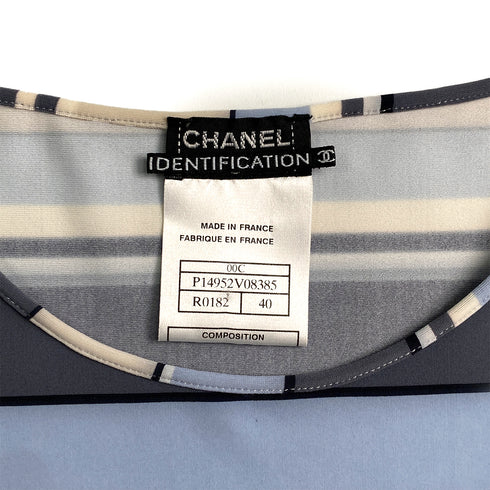 CHANEL VINTAGE MULTI COLOR STRIPE T-SHIRT LOGO PLATE BLUE GRAY NYLON 40 00C RTW 90291316 - PURPOSE