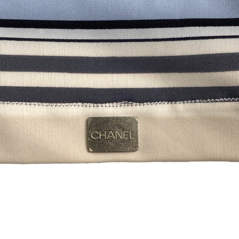 CHANEL VINTAGE MULTI COLOR STRIPE T-SHIRT LOGO PLATE BLUE GRAY NYLON 40 00C RTW 90291316 - PURPOSE