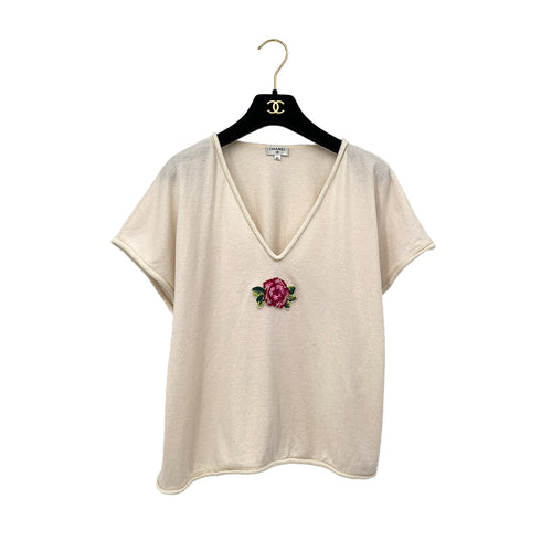 CHANEL SHORT SLEEVE TOPS COCOMARK ROSE SEQUINS IVORY WOOL 40 P56 RTW 90291317