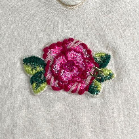 CHANEL SHORT SLEEVE TOPS COCOMARK ROSE SEQUINS IVORY WOOL 40 P56 RTW 90291317