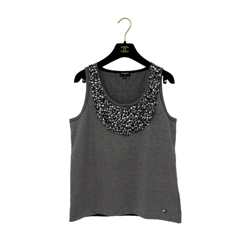 CHANEL SLEEVELESS TOPS BORDER FLOWER MOTIF BLACK WHITE COTTON 38 P56 RTW 90291318