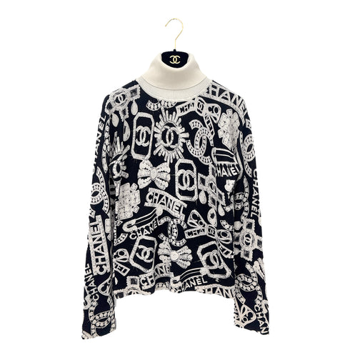 CHANEL COCOMARK LONG SLEEVE KNIT TOPS BLACK WHITE CASHMERE 38 P74 RTW 90291321