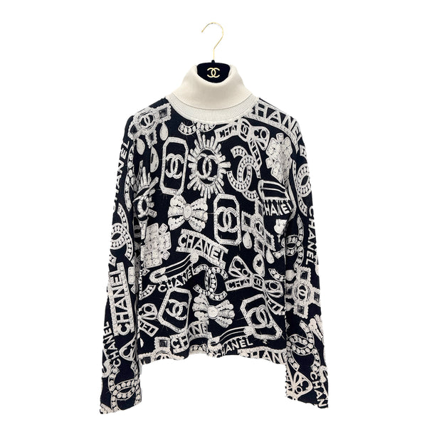 CHANEL COCOMARK LONG SLEEVE KNIT TOPS BLACK WHITE CASHMERE 38 P74 RTW 90291321