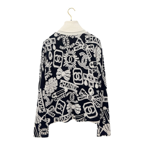 CHANEL COCOMARK LONG SLEEVE KNIT TOPS BLACK WHITE CASHMERE 38 P74 RTW 90291321