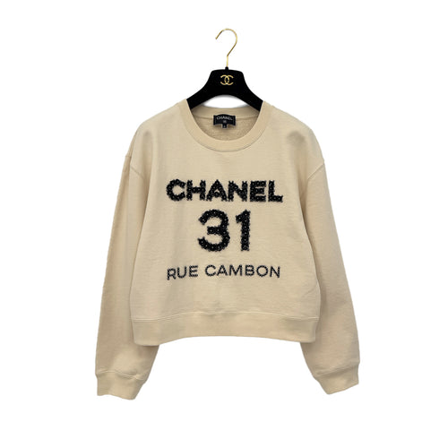 CHANEL SWEATSHIRT TOPS LOGO 31 RUE CAMBON FLOWER MOTIF IVORY BLACK COTTON M P64 RTW 90291322