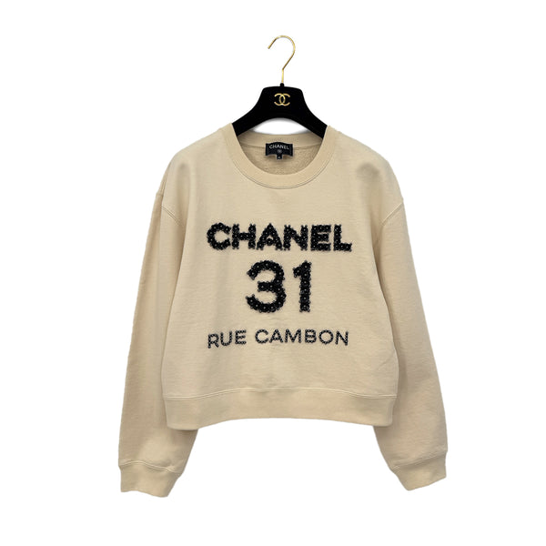 CHANEL SWEATSHIRT TOPS LOGO 31 RUE CAMBON FLOWER MOTIF IVORY BLACK COTTON M P64 RTW 90291322