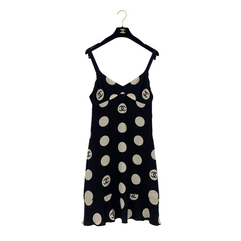 CHANEL VINTAGE POLKA DOT PATTERN SLEEVELESS DRESS COCOMARK BLACK SILK 38 97P RTW 90291324 - PURPOSE