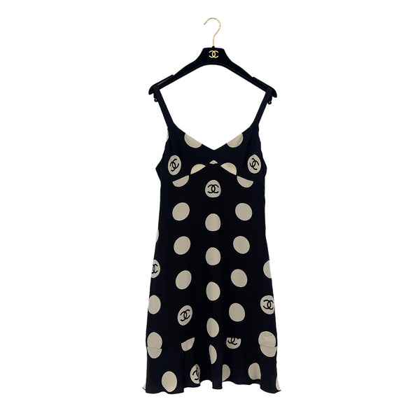 CHANEL VINTAGE POLKA DOT PATTERN SLEEVELESS DRESS COCOMARK BLACK SILK 38 97P RTW 90291324